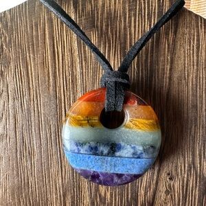 Multicolor Chakra Stone Donut Pendant Necklace - Black Faux Suede